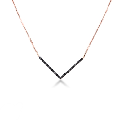 18k rose gold necklace with V shape pendant with black round cut diamonds