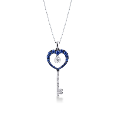 Key pendant with diamonds and blue sapphires