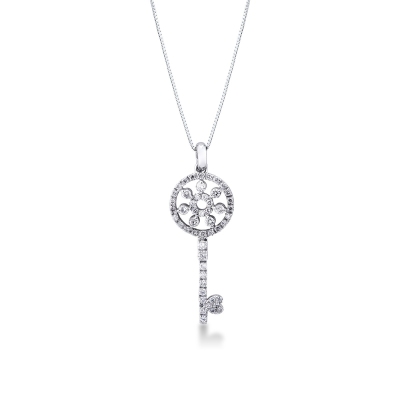 Fancy key pendant with diamonds in 18k white gold
