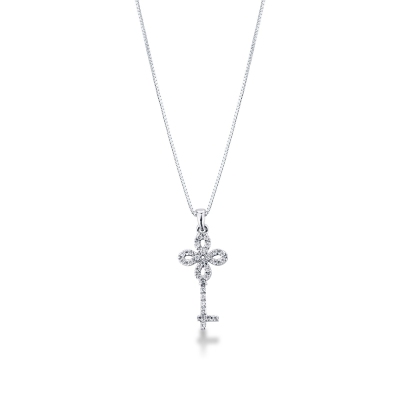 Key pendant with diamonds in 18k white gold