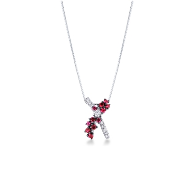 Necklace with fancy twisted pendant with rubies and diamonds