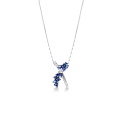 Necklace with fancy twisted pendant with blue sapphires and diamonds