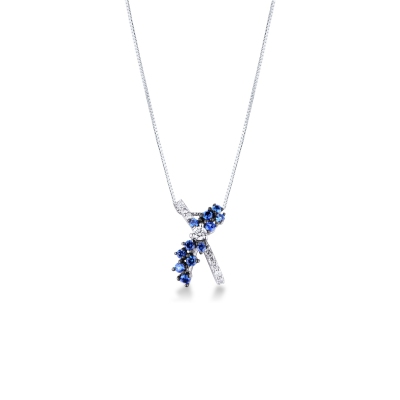 Necklace with fancy twisted pendant with blue sapphires and diamonds