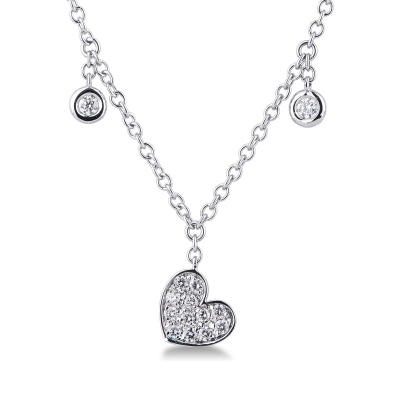 Necklace with 6 round cut diamonds and a heart pendant with diamonds