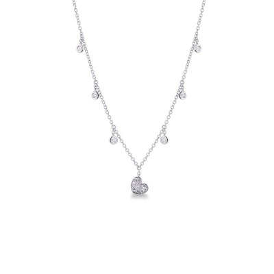 Necklace with 6 round cut diamonds and a heart pendant with diamonds