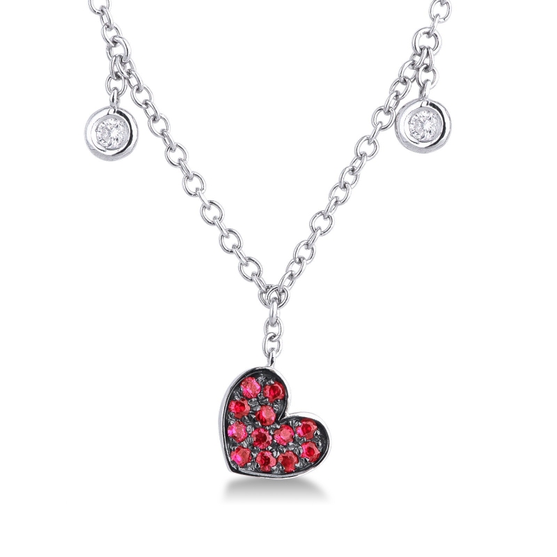 Necklace with 6 diamonds and a heart pendant with a burnished rubies pavé