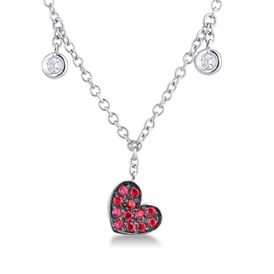 Necklace with 6 diamonds and a heart pendant with a burnished rubies pavé