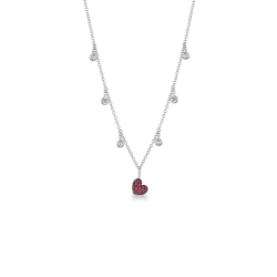 Necklace with 6 diamonds and a heart pendant with a burnished rubies pavé