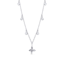 Necklace with 6 round cut diamonds and a diamond butterfly pendant 