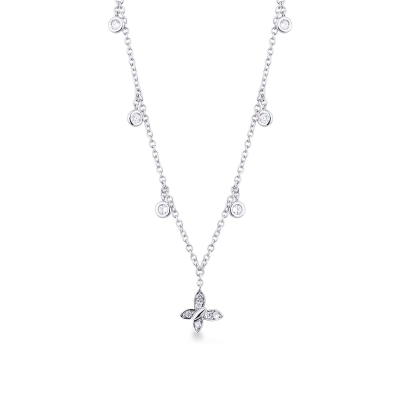 Necklace with 6 round cut diamonds and a diamond butterfly pendant 