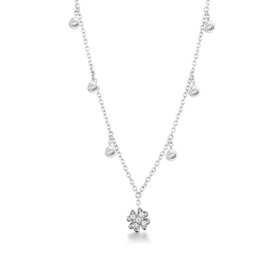Necklace with 6 round cut diamonds and a four leaf clover pendant 