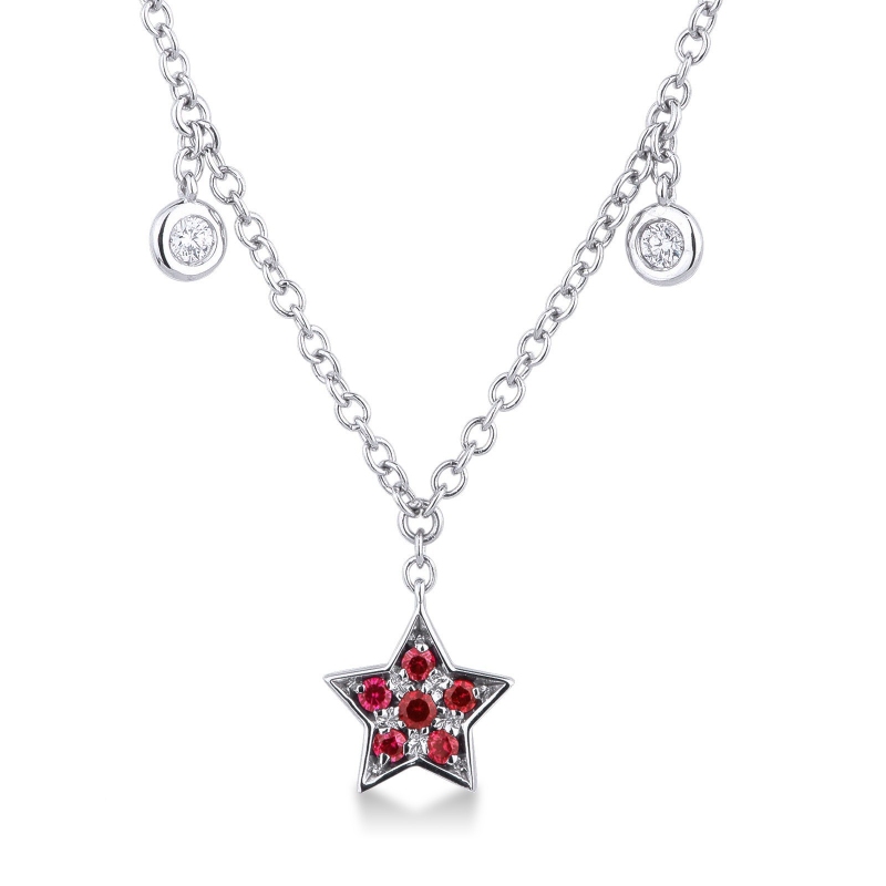 Necklace with 6 round cut diamonds and a star pendant with rubies