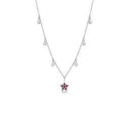 Necklace with 6 round cut diamonds and a star pendant with rubies