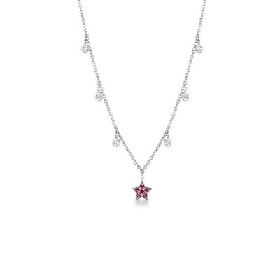 Necklace with 6 round cut diamonds and a star pendant with rubies