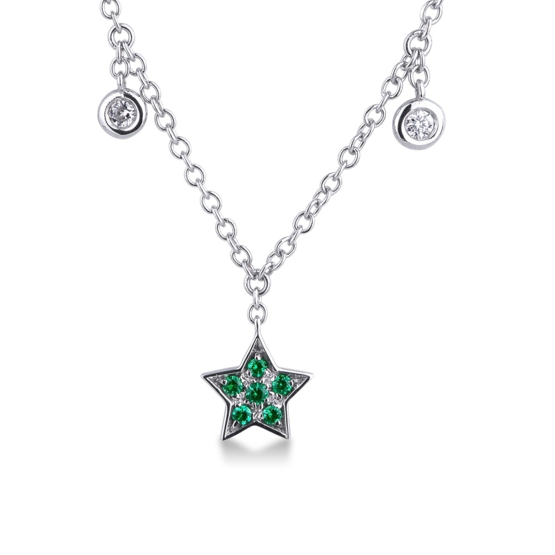Necklace with 6 round cut diamonds and a star pendant with emeralds