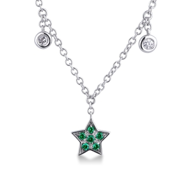 Necklace with 6 round cut diamonds and a star pendant with emeralds