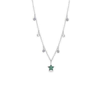 Necklace with 6 round cut diamonds and a star pendant with emeralds