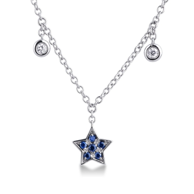 White gold 18k necklace with 6 round cut diamonds and a star shaped pendant with sapphires