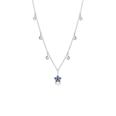 White gold 18k necklace with 6 round cut diamonds and a star shaped pendant with sapphires