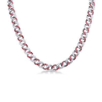 Cuban chain in 18k white gold with rubies and diamonds