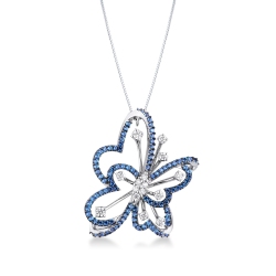 Collana design con ciondolo farfalla in oro bianco 18k con zaffiri blu e diamanti