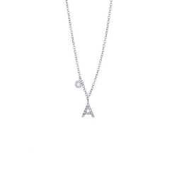 Collana con lettera A e punto luce in oro bianco 18k e diamanti