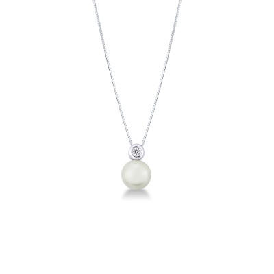 18k white gold  necklace with pendant composed by a pearl and a round cut diamond