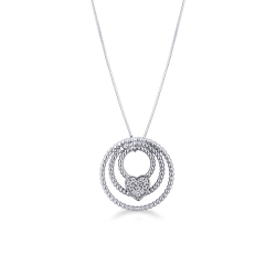 18k white gold necklace with a three circle pendant with a heart 