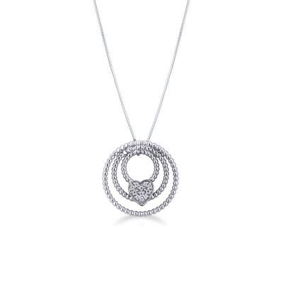 18k white gold necklace with a three circle pendant with a heart 
