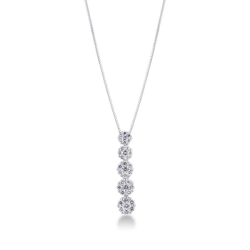 Necklace in 18k white gold with 5 diamonds flowers illusion pendant 