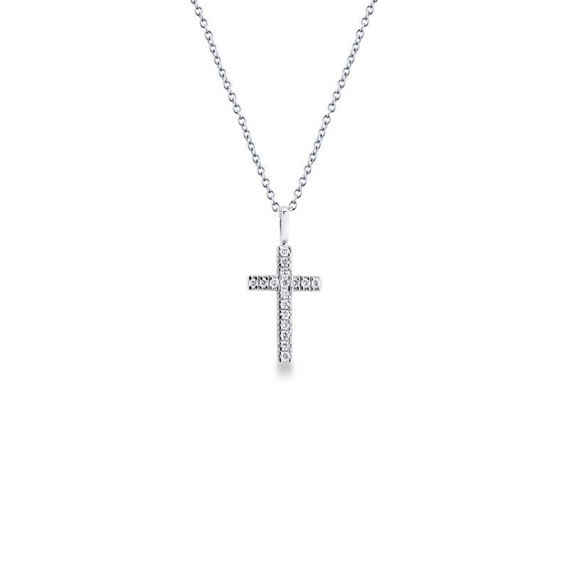 18k white gold necklace with cross charm with diamonds, rolò chain, 45+5 cm
