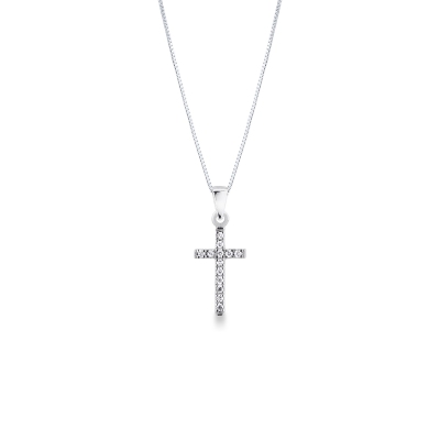 Collana in oro bianco 18k con ciondolo a forma di croce in diamanti, misura ciondolo circa 0.61x0.98 cm