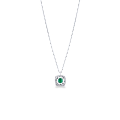 Necklace in white gold 18k with central emerald and diamonds 