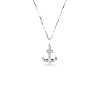 18k white gold necklace with anchor pendant in diamonds, rolò chain, 45+5 cm