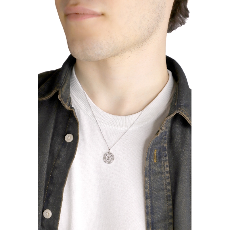 Collana in oro bianco 18k con ciondolo rosa dei venti e diamanti, catena rolò, 45+5 cm