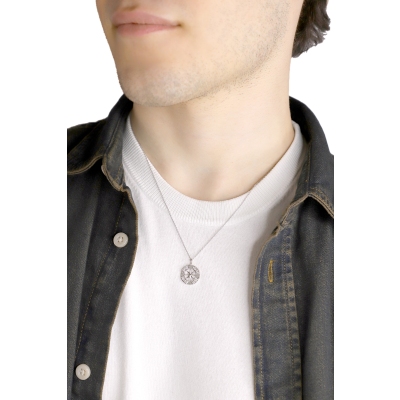 Collana in oro bianco 18k con ciondolo rosa dei venti e diamanti, catena rolò, 45+5 cm