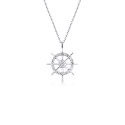 Collana in oro bianco 18k con ciondolo timone in diamanti, catena rolò 45+5 cm