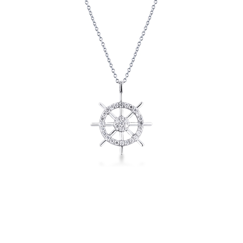 Collana in oro bianco 18k con ciondolo timone in diamanti, catena rolò 45+5 cm