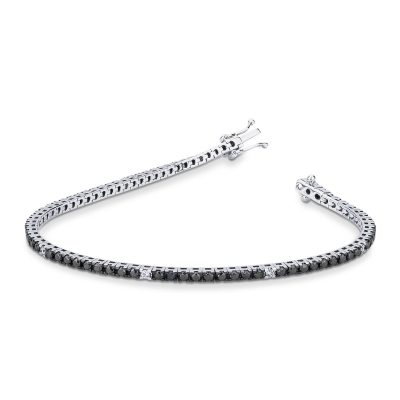 18k white gold tennis bracelet with black and white diamonds and burnished tips