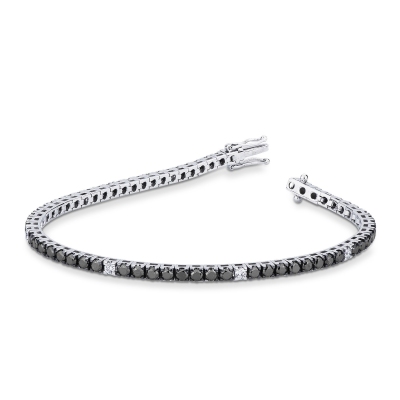 18k white gold tennis bracelet with black and white diamonds and burnished tips