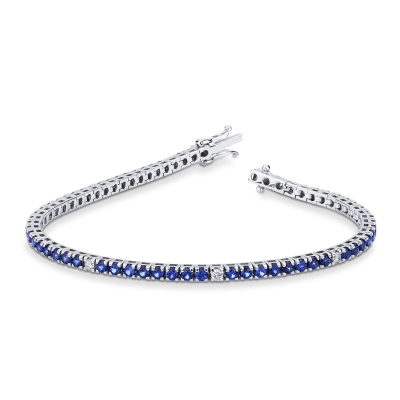 Square links tennis bracelet with diamonds and blue sapphires
