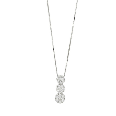 Necklace in 18k white gold with 3 flowers of diamonds illusion pendant