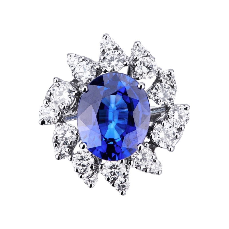 Halo ring white gold 18k with diamonds and blue sapphire 