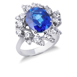 Halo ring white gold 18k with diamonds and blue sapphire 