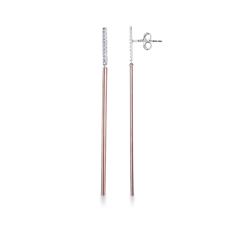 White and rose gold 18k drop diamond earrings with bar pendants 