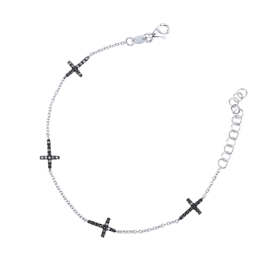 Bracciale in oro Bianco 18k con croci in Diamanti neri, 15+3 cm