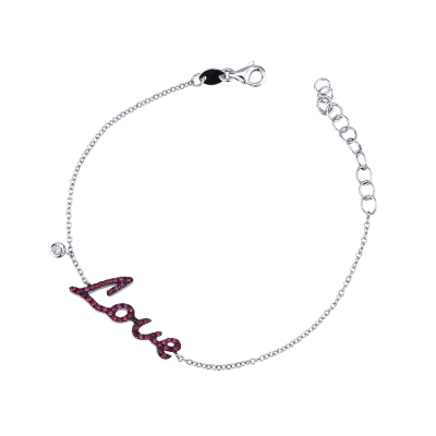 18k white gold bracelet with Love in rubies and diamond solitaire 