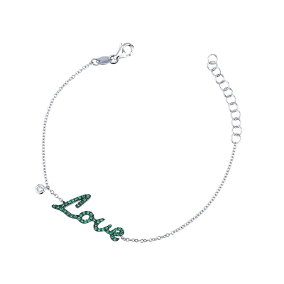 18k white gold bracelet with Love in emeralds and diamond solitaire