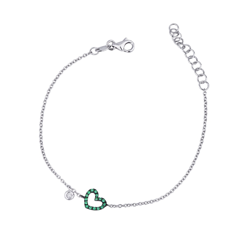 18k white gold bracelet with heart charm with emeralds