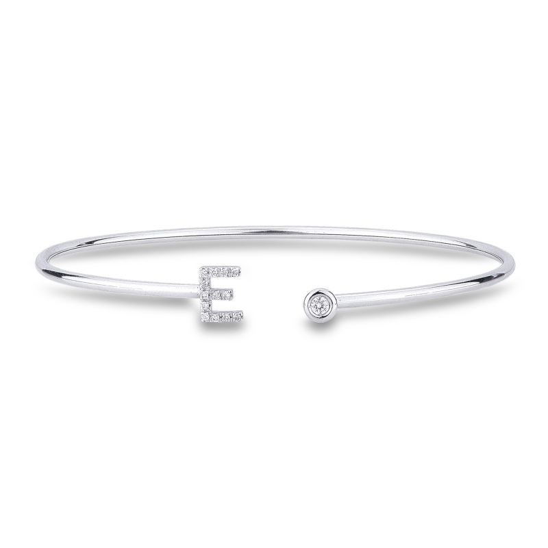 Bracciale rigido in oro bianco 18k con lettera E in diamanti